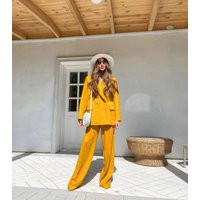 Linen Blazer & Pants Suit, Women Yellow Linen Pants Suit | Etsy (US)