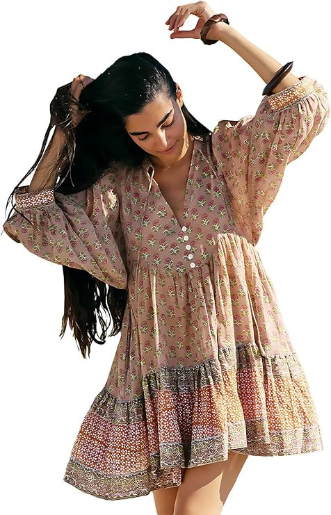 Boho Dresses for Women Babydoll V Neck 2026 Floral Patchwork Puff Sleeve Flowy A Line Summer Vaca... | Amazon (US)