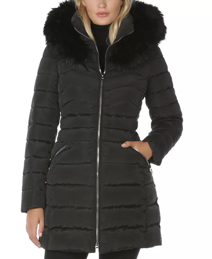 Women's Faux-Fur-Trim Hooded Puffer Coat | Macy's
