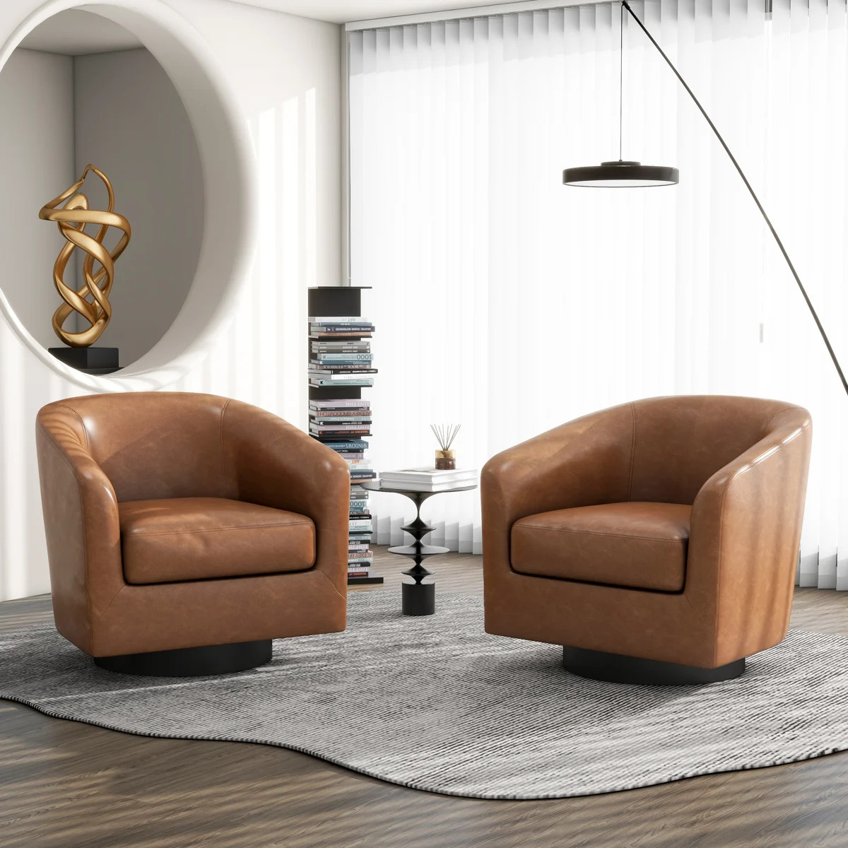 Applewold Upholstered Brown Faux Leather Swivel Barrel Chair with Solid Wood Base (Set of 2) | Wayfair North America