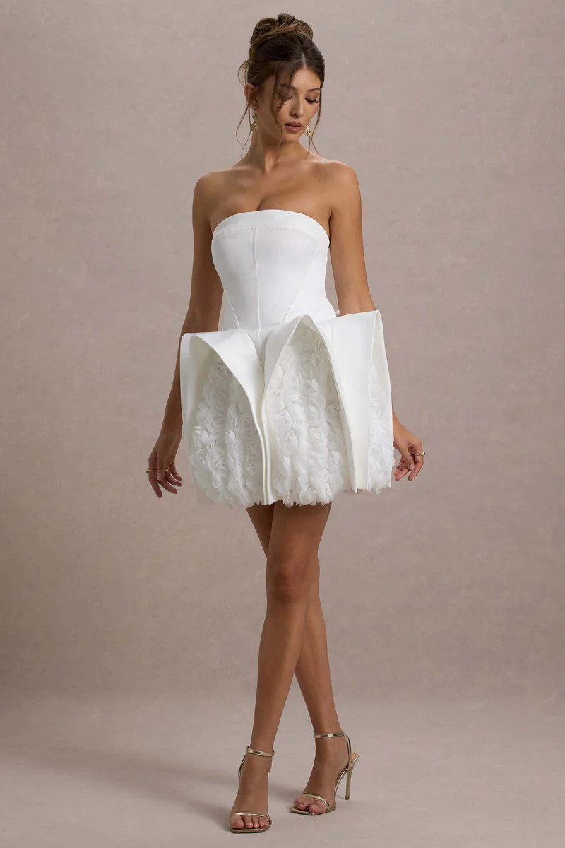Orchid Oasis | White Bandeau Mini Dress With Puff Floral Hem | Club L London