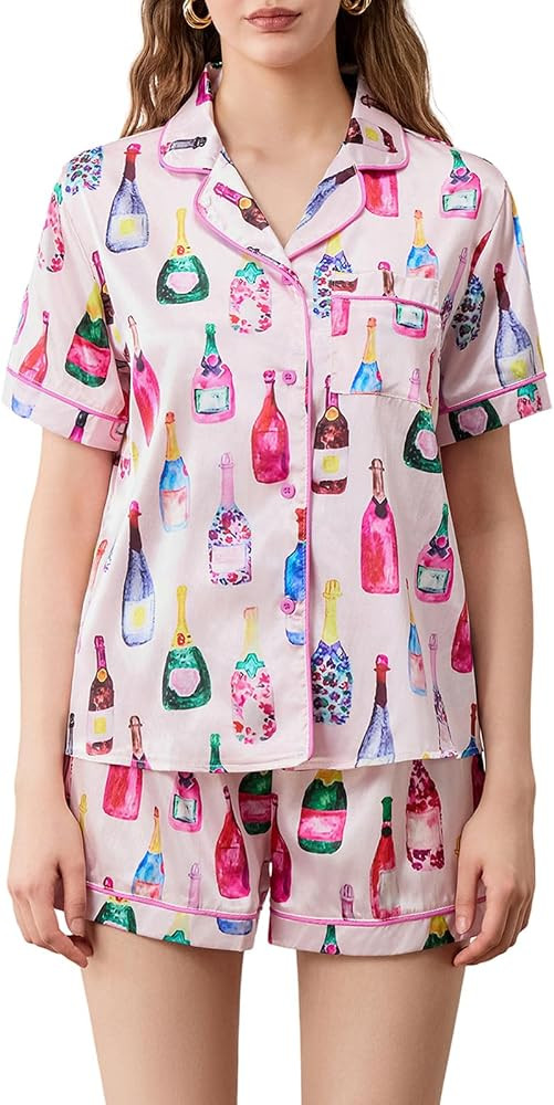 Women Champagne Bottle Pajamas Set Y2k Printed Button Down Shirt and Shorts Sleepwear 2 Piece Pjs... | Amazon (US)