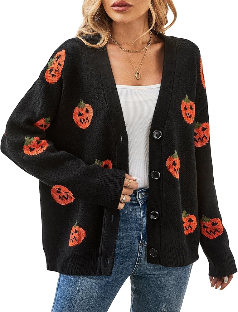 Halloween Cardigan Sweaters for Women, Pumpkin 2024 Trendy Fall Outfits, V Neck Open Front Knitte... | Amazon (US)