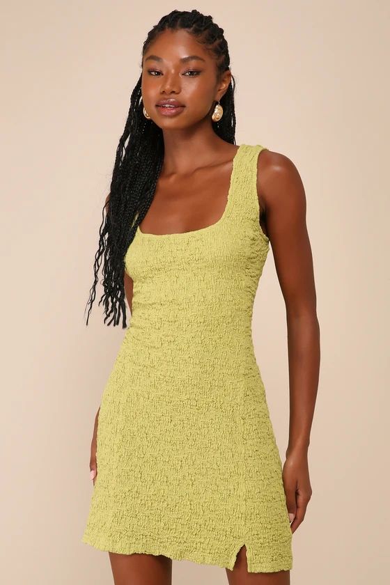 Saturday Feelings Green Crinkle Square-Neck Bodycon Mini Dress | Lulus