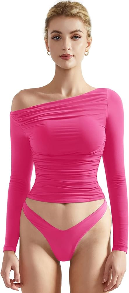 SUUKSESS Women Off Shoulder Long Sleeve Shirts Double Lined Fitted Crop Tops | Amazon (US)