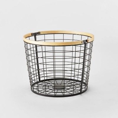 Round Black Wire with Natural Wood Handles Floor Basket - Brightroom&#8482; | Target