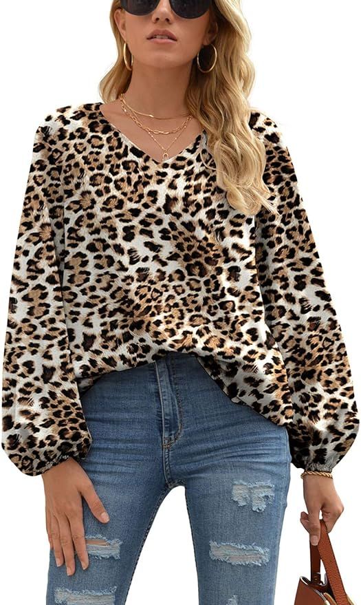 WANGZHI Women's Casual Sweet & Cute Loose Shirt Balloon Sleeve V-Neck Blouse Top | Amazon (US)