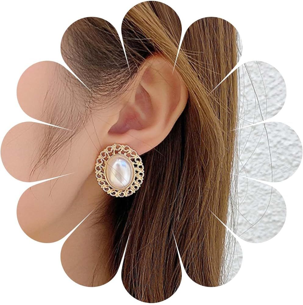 Vintage Oval Pearl Stud Earrings Half Pearl Earrings Hollow Hoop Circle Earrings Pearl Wedding Ea... | Amazon (US)