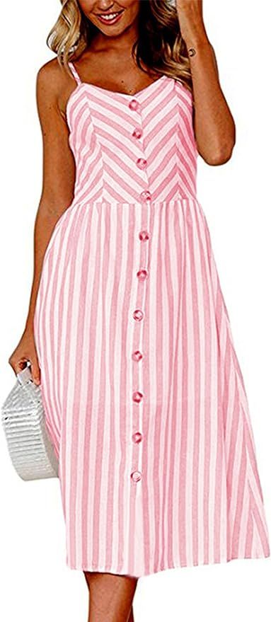 Angashion Women's Dresses-Summer Floral Bohemian Spaghetti Strap Button Down Swing Midi Dress | Amazon (US)