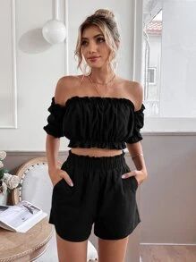 Off Shoulder Frill Trim Top & Shorts SKU: sw2111237663590296(1000+ Reviews)$12.99$12.34Join for a... | SHEIN