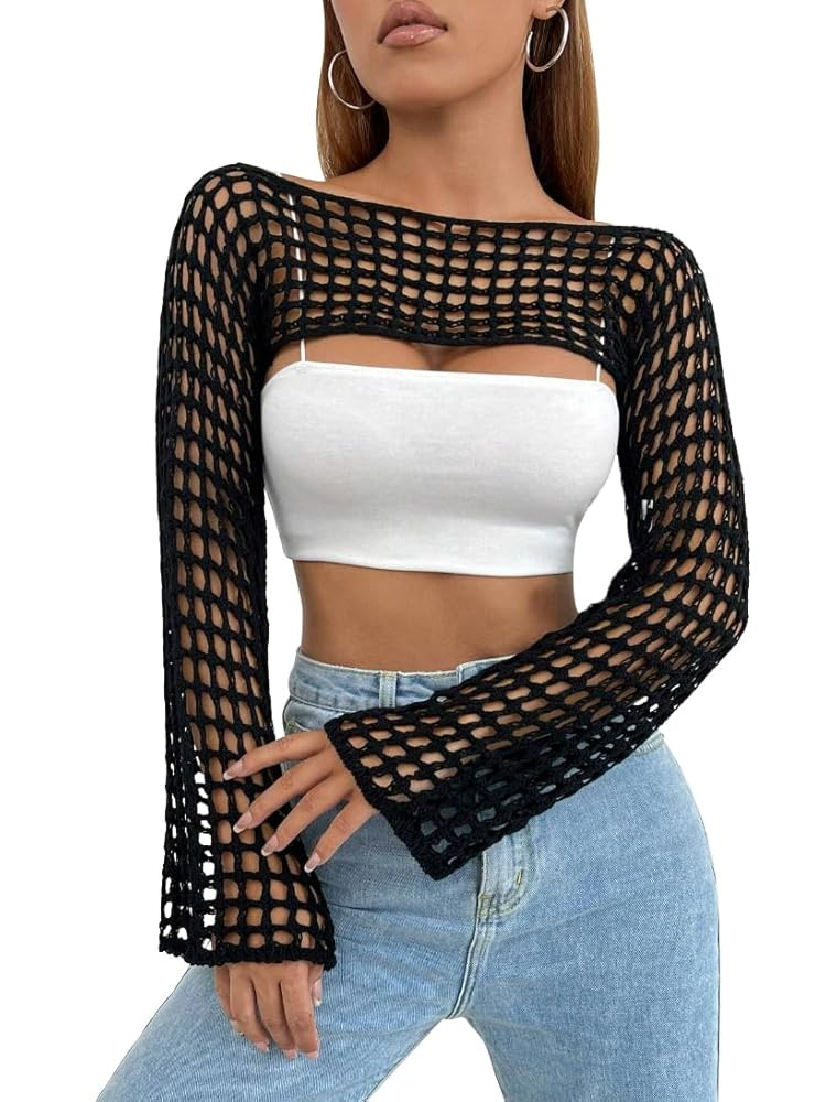 Womens Crochet Shrug Y2K Hollow Out Bolero Shrug See Through Cropped Knit Sweater Top | Amazon (US)