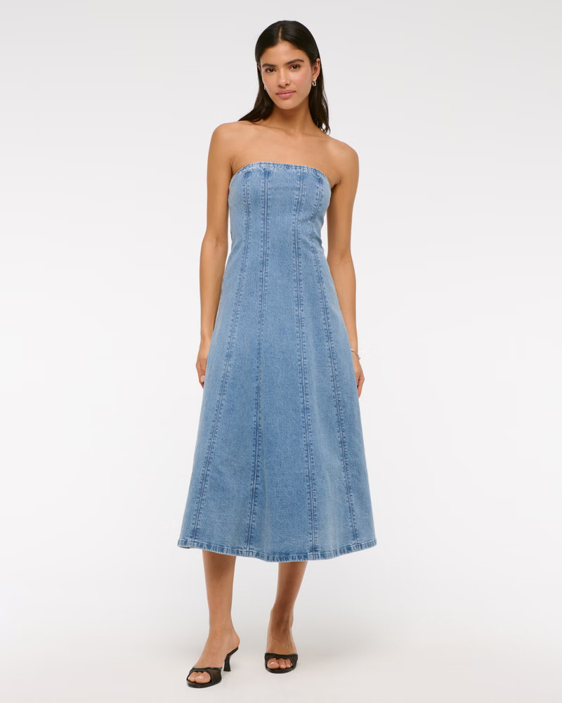 The A&F Mila Strapless Denim Midi Dress | Abercrombie & Fitch (US)