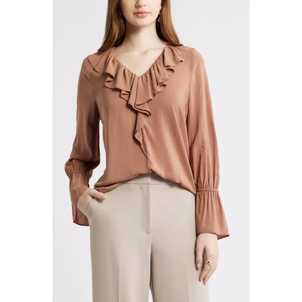 Nordstrom Ruffle Front Top in Brown Nut at Nordstrom, Size X-Large | Nordstrom