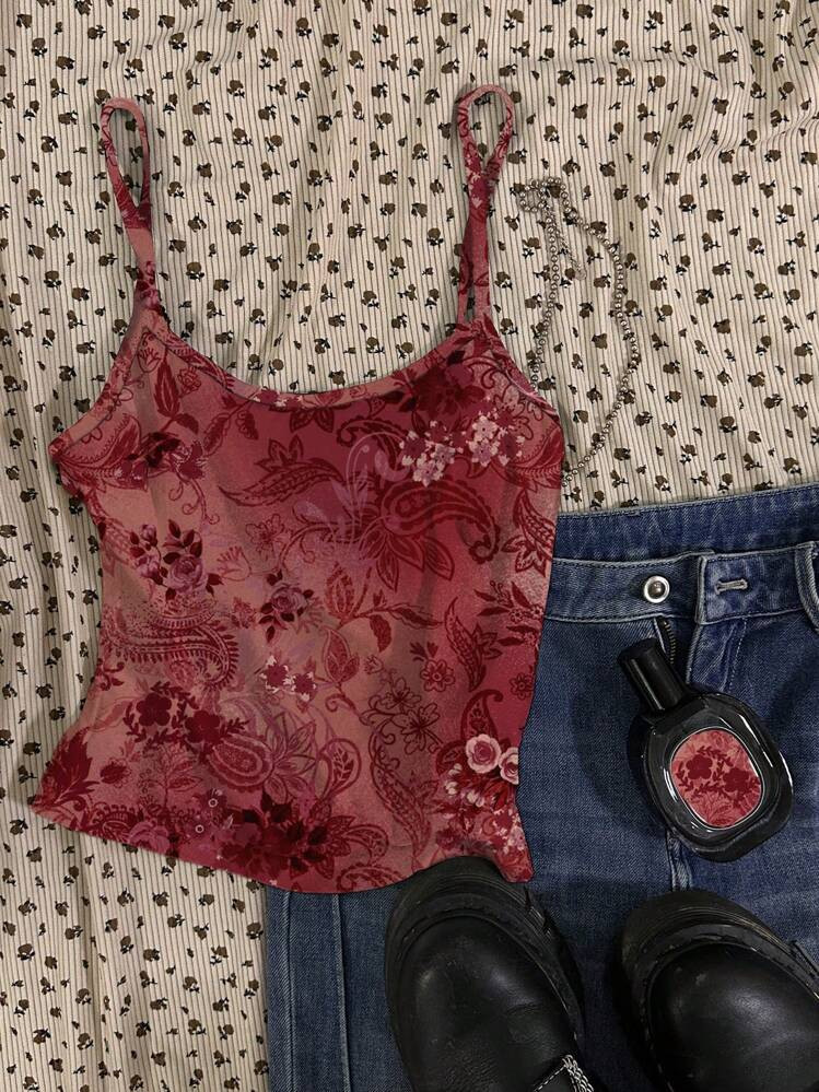 Attitoon Vintage Red Floral Paisley Knit Camisole: Romantic Chic Y2K Top | SHEIN