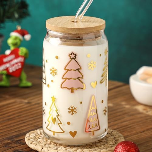 Christmas Glass Cups 16oz Iced Coffee Cups with Lids and Straws Drinking Glasses Cups Glass Tumbl... | Amazon (US)