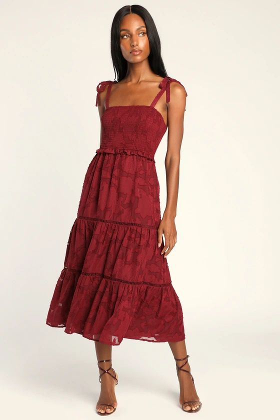 Float to Love Burgundy Jacquard Smocked Tie-Strap Midi Dress | Lulus