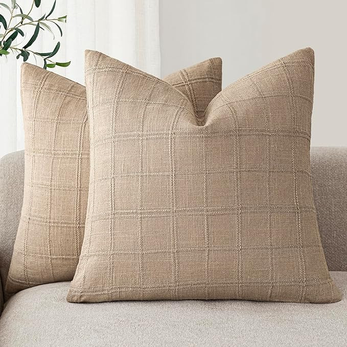 Foindtower Set of 2 Decorative Linen Check Throw Pillow Covers Neutral Farmhouse Vintage Cushion ... | Amazon (US)