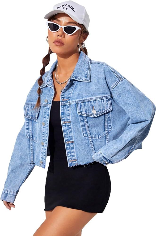 MakeMeChic Women's Casual Long Sleeve Raw Hem Jean Jacket Button Down Crop Denim Jacket | Amazon (US)