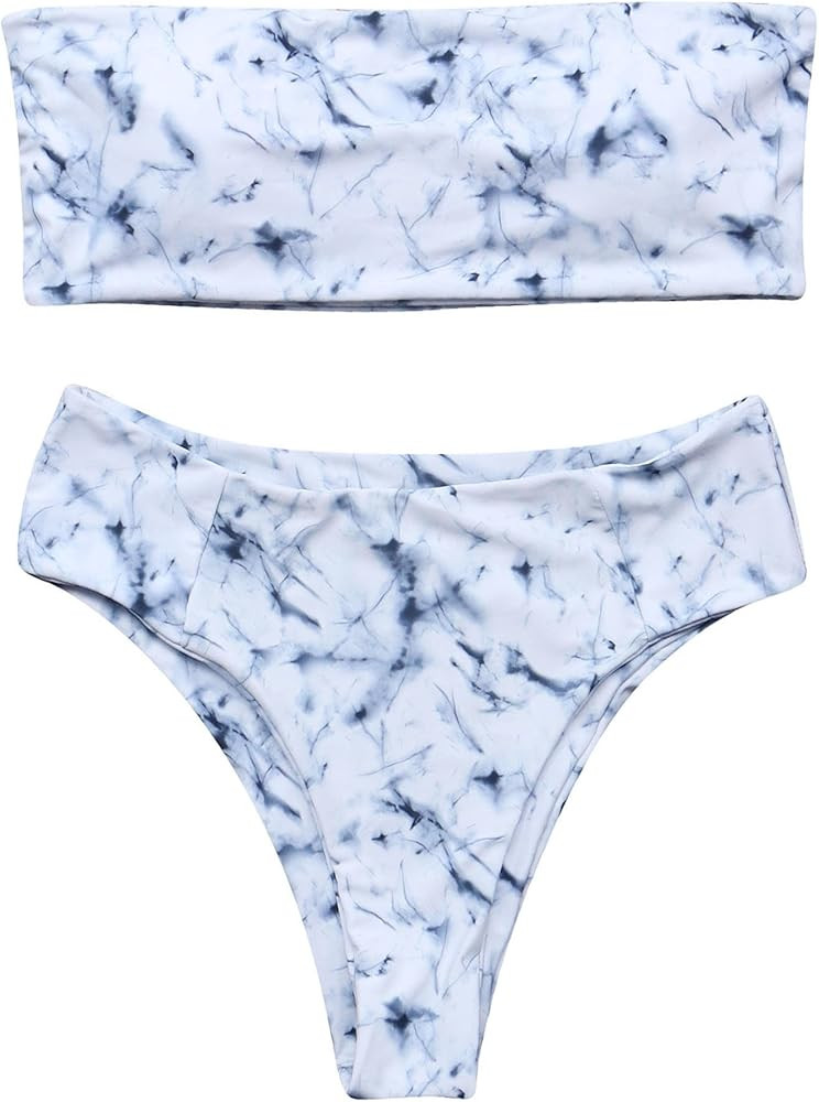 OMKAGI Women's 2 Pieces Bandeau Bikini Swimsuits Off Shoulder High Waist Bathing Suit High Cut | Amazon (US)