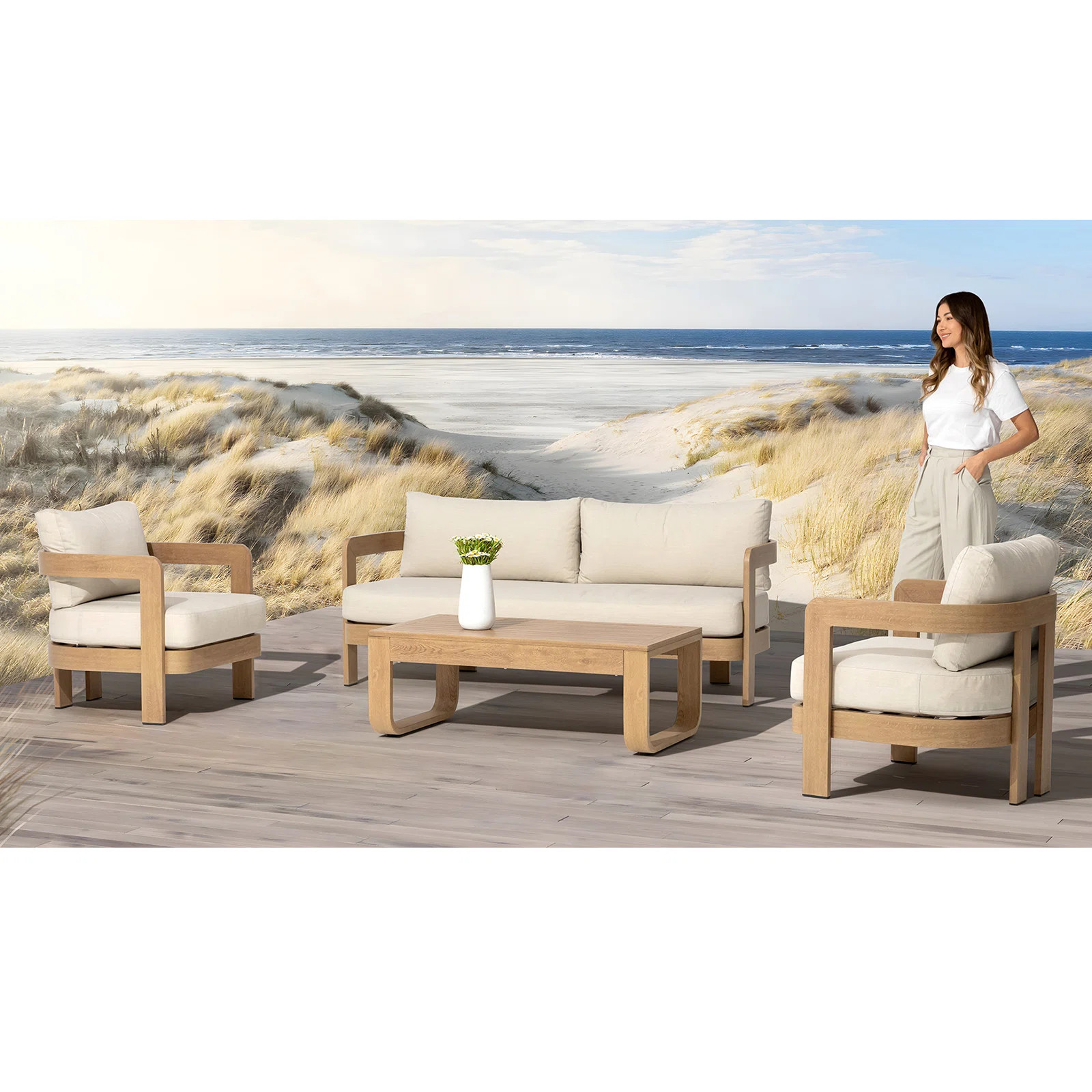 Assembly Free Sofa, Outdoor Aluminum Sofa Set,  5 Person Outdoor Seating Sofa, Customizable Wood ... | Wayfair North America
