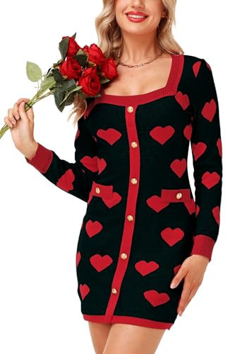 Womens Valentines Day Sweater Dress Long Sleeve Red Heart Dresses Holiday Black Knit Outfits 2XL | Amazon (US)
