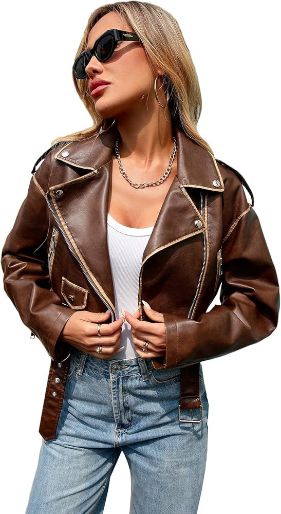 LY VAREY LIN Women Faux Leather Cropped Jacket Vegan Motor Biker Coat with Belt | Amazon (US)