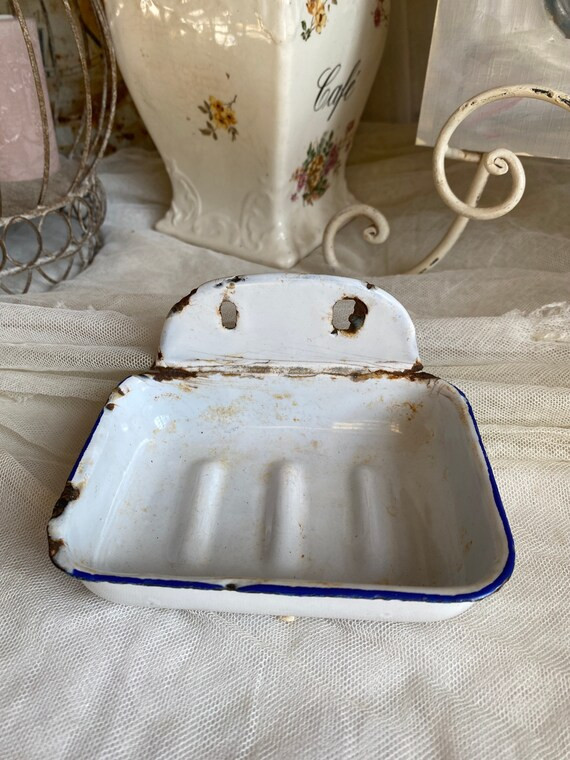Antique Enamel Soap Dish White & Blue French Enamelware Soap Dish Dispenser. Bathroom/ Rustic Fre... | Etsy (US)