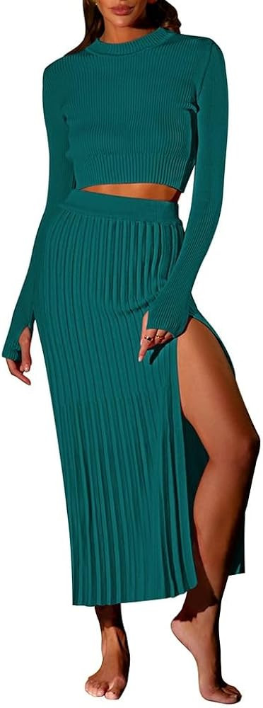 Pink Queen Women's 2 Piece Sweater Outfits Set Long Sleeve Crop Top Ribbed Split Bodycon Midi Lon... | Amazon (US)