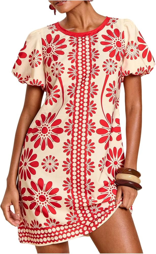 RoseSeek Women's Tropical Floral Puff Sleeve Sundress Tunic Mini Dress | Amazon (US)