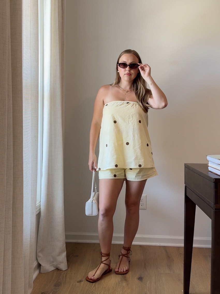 wearing a medium in this butter yellow with brown polka dots cotton set from amazon! would also be a great beach outfit or swimsuit coverup. 

vacation outfit, beach outfit, summer outfit, butter yellow, summer trends 

 #LTKgrwm #LTKootd #LTKmomlife