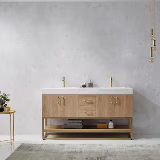 Alistair 60 in. Bath Vanity in North American Oak with Grain Stone Top in White with White Basin | The Home Depot