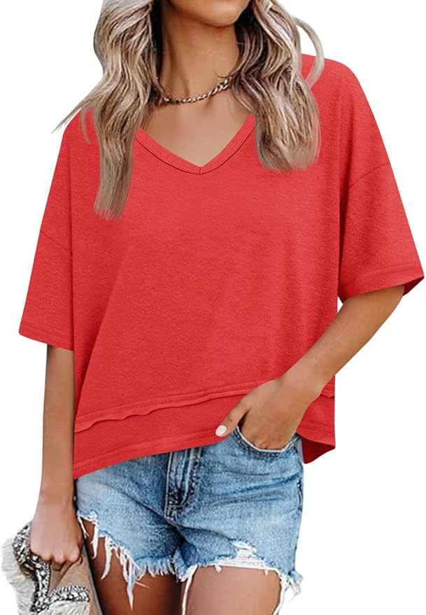 Cicy Bell Womens Summer V Neck T Shirts Casual Short Sleeve Flowy Tops Cute Loose Fit Basic Tees | Amazon (US)