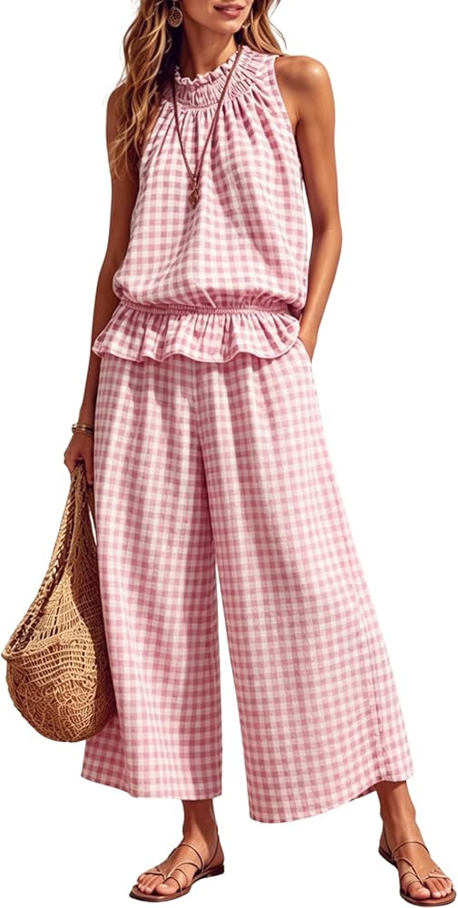 Tanming Women's 2 Piece Set Outfits Gingham Plaid Sleeveless Ruffle Top Wide Leg Pants Summer Cas... | Amazon (US)