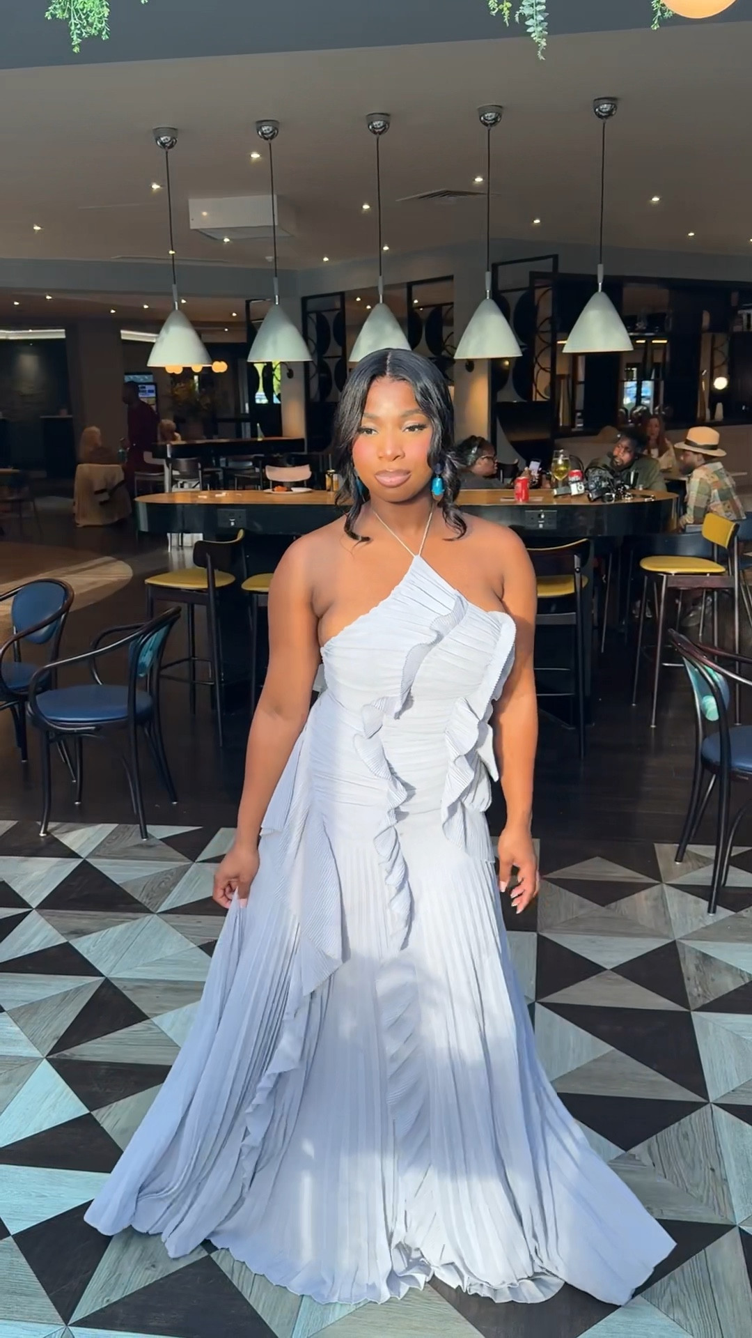 Blue/grey ruffle pleated halterneck dress. Perfect for a wedding or holiday 

#LTKwedding #LTKtravel #LTKFashionMonth