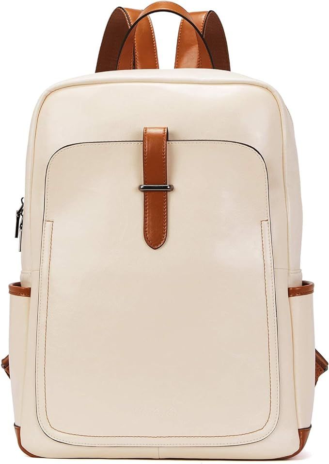 BOSTANTEN Leather Laptop Backpack Purse Casual College Casual Bags Daypack Beige-White | Amazon (US)