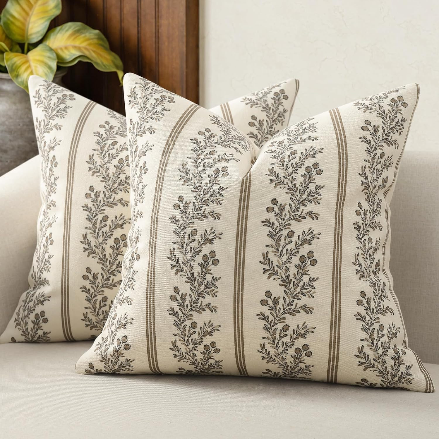 Vintage Throw Pillow Covers 18x18 Set of 2, Striped Floral Pillow Cover Botanical Patterned Decor... | Amazon (US)