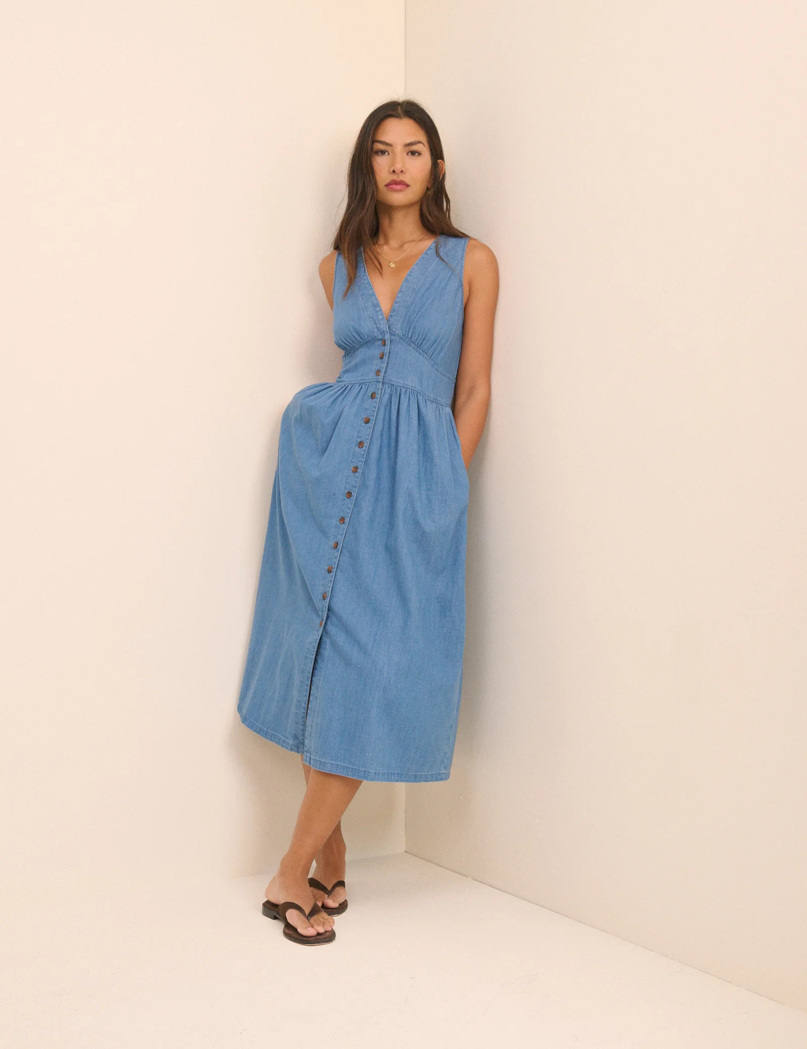 Mid-Wash Blue Denim Sleeveless Starlight Midi Dress | Nobody's Child