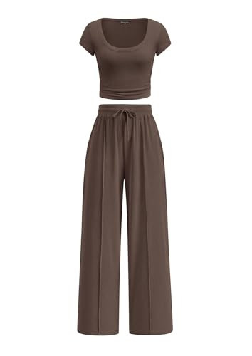 PRETTYGARDEN Women's Summer 2 Piece Matching Lounge Sets Short Sleeve Crop Tops Wide Leg Pants 2026 Airport Travel Outfits (Brown,Small) | Amazon (US)