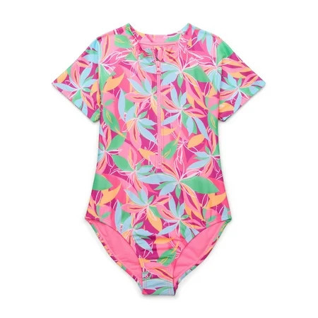 Wonder Nation Girls Short Sleeve Zip-Up Rash Guard One-Piece Swimsuit with UPF 50, Sizes 4-18 & Plus | Walmart (US)