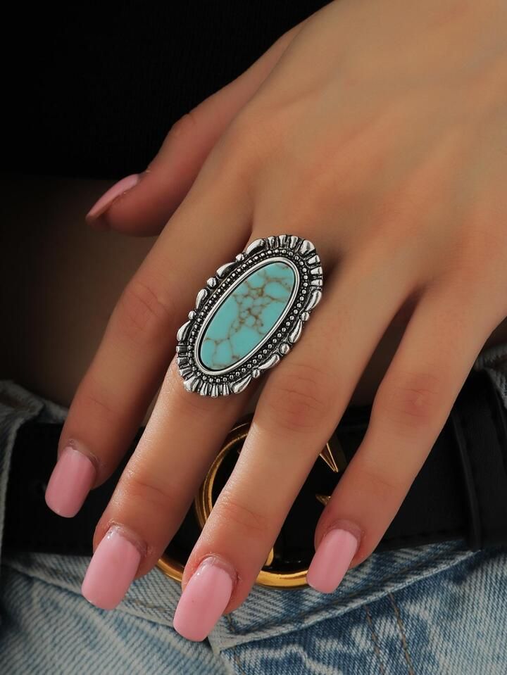 1pc Western Turquoise Stone Statement Ring for Women | SHEIN