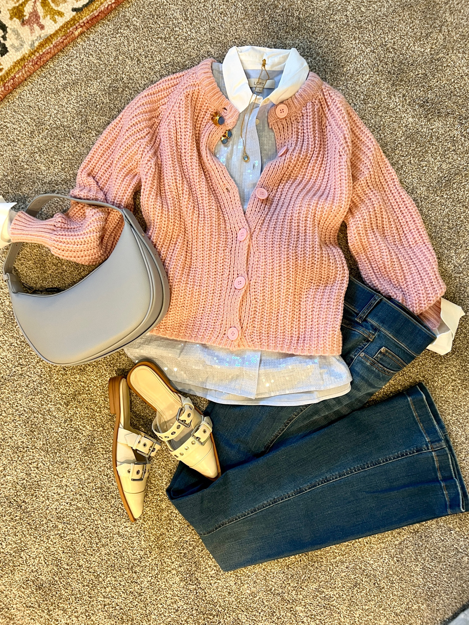 Amazon find 
Pink knit button up chunky knit cardigan 
Soft, tts and several color options 
Sweater season tts I got a med

Loft light blue sequined button up top, white collar & cuff  tts I got a small

Spanx flare  fit tts, flattering tummy control inside panel, pull up no zipper or button flat front 
And flattering  on the leg yo elongate

🚨SAVE 10% off all Spanx with my CODE: DEARDARCYXSPANX

Amazon find this cute bag 
In light blue faux leather 

Cream pointed toe 2 buckle slide fit tts 

Jewelry by Julie Vos 

#LTKFindsUnder50 #LTKStyleTip #LTKWorkwear