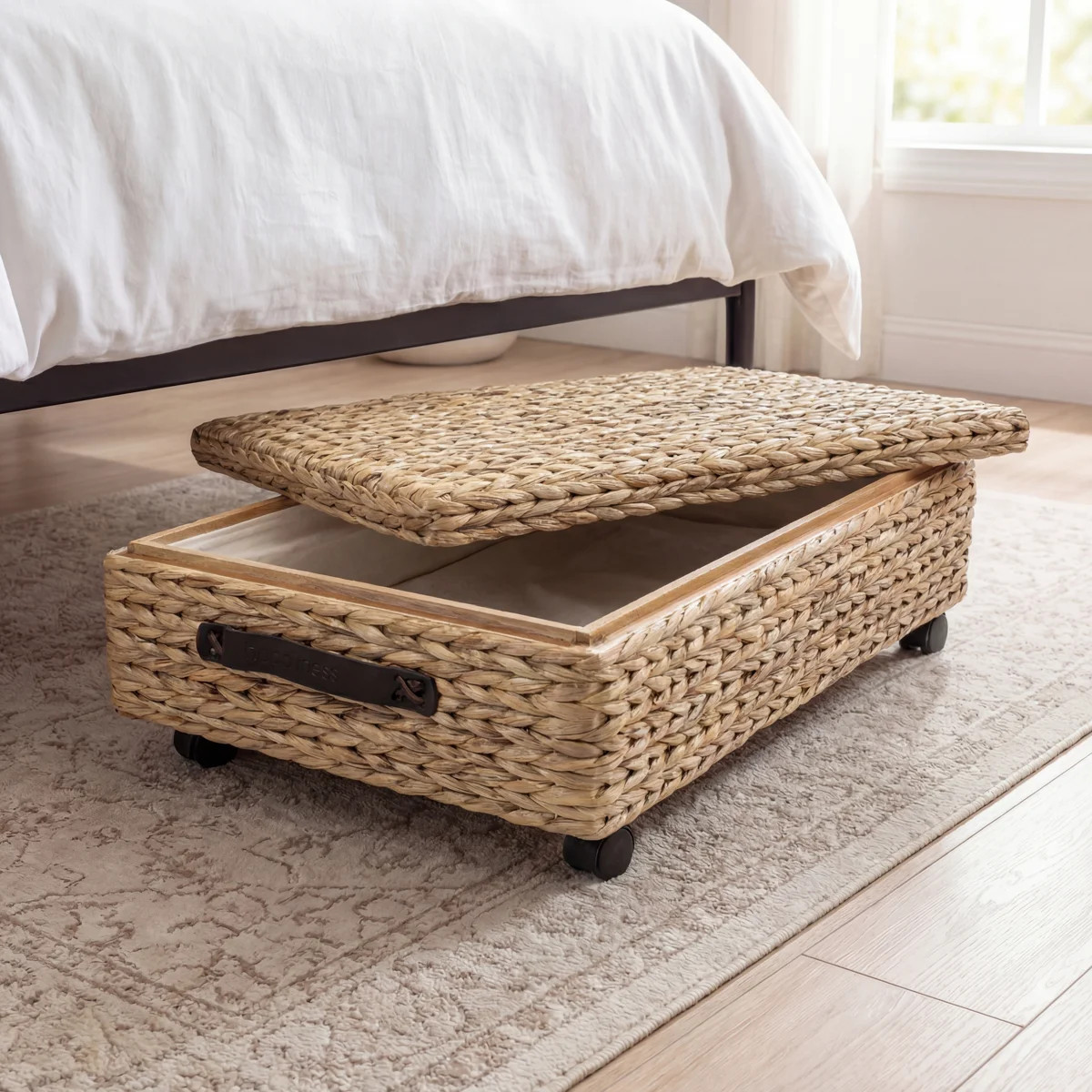 Chett 26.38" Minimalist Hand-Woven Hyacinth/Wood Underbed Storage Bin with Wheels and Handles | Wayfair North America