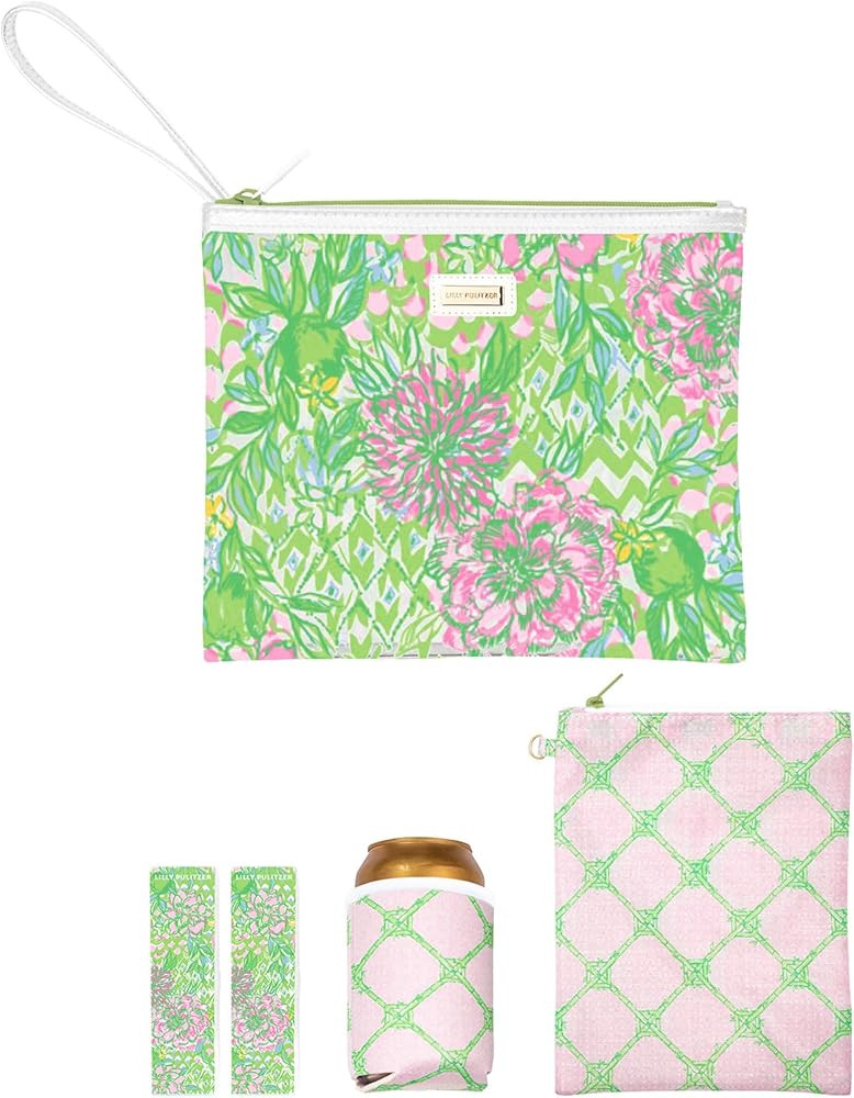 Lilly Pulitzer Water Resistant Vinyl Beach Day Pouch, Zipper Bag Includes Drink Hugger, Small Pou... | Amazon (US)