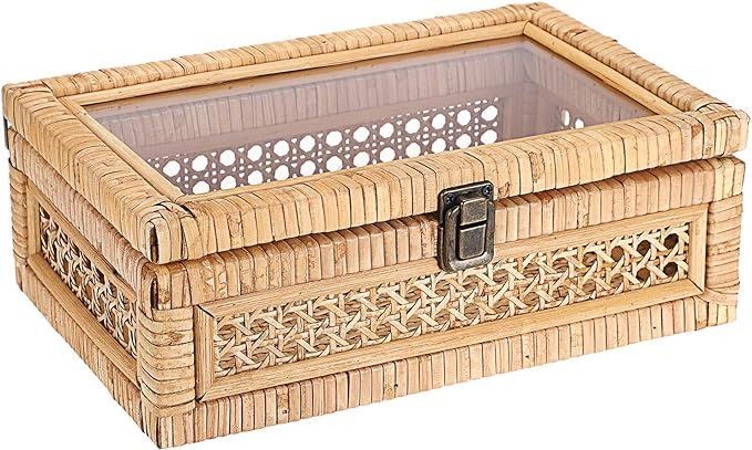 Hipiwe Rattan Display Box with Clear Lid Rectangular Wicker Storage Basket Bin with Metal Secure ... | Amazon (US)