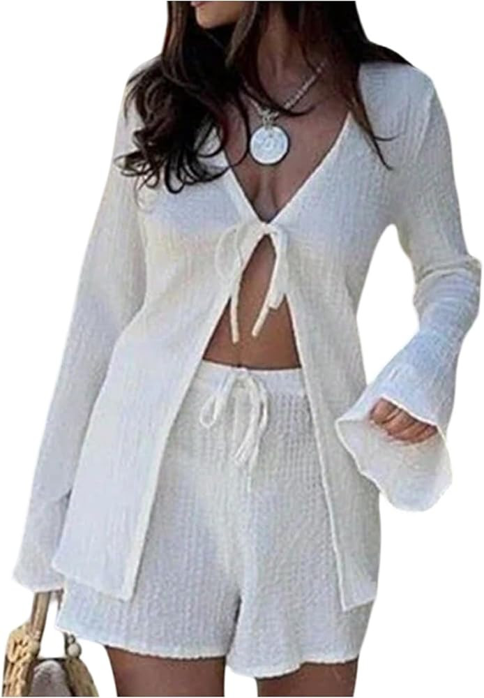 SweatyRocks Women's 2 Piece Bell Sleeve Tie Front Blouse and Shorts Set Vacation Outfits | Amazon (US)