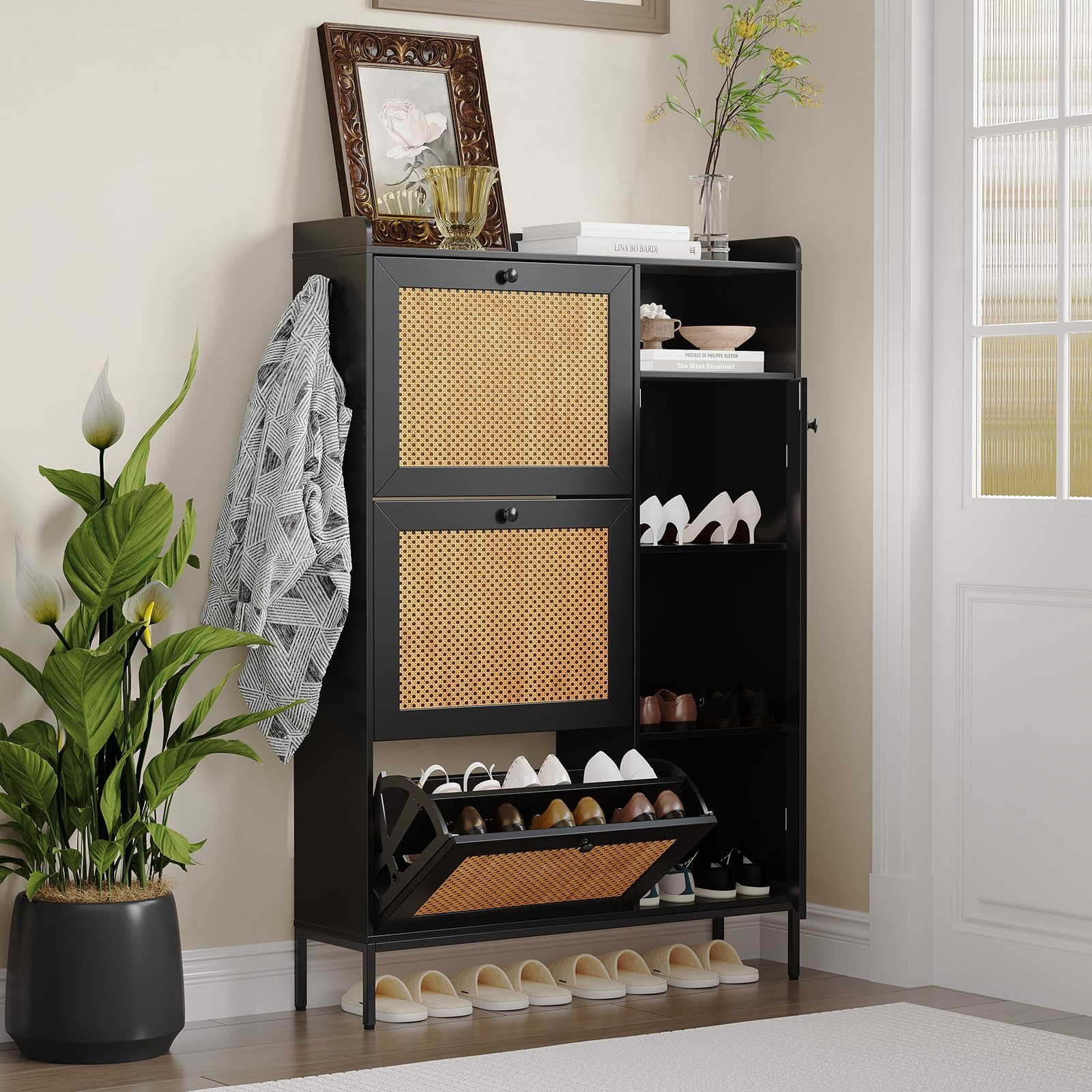 Shoe Storage Cabinet with 3 Flip-Down Doors, Rattan & Metal Frame Organizer, Adjustable Shelves, ... | Amazon (US)