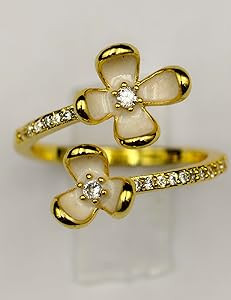 Double Row Clover-Set Zircon 16K Gold-Plated Women's Ring with Adjustable Band, Size 7+ | Amazon (US)