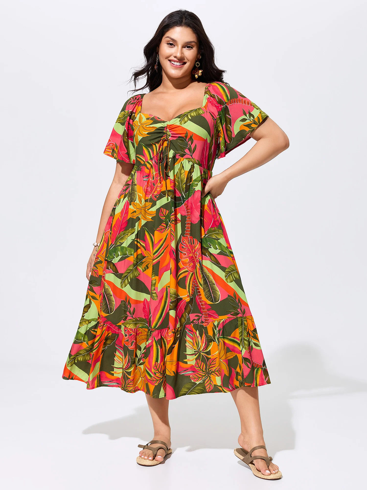 Vibrant Tropical Print Adjustable Chest Drawstring Bust-Friendly Midi Dress | Bloomchic