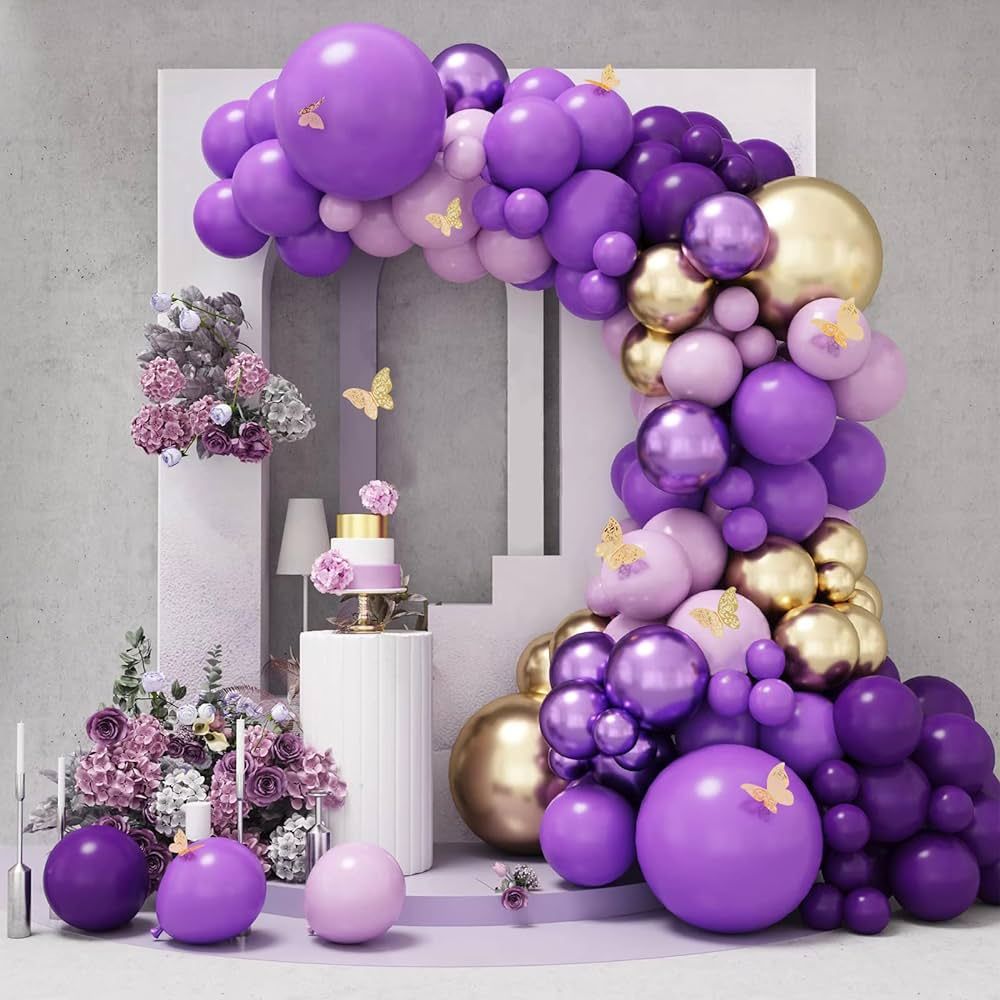 RUBFAC 134pcs Purple Balloon Garland Kit Dark Purple Gold Arch Lavender Light Decoration For Baby... | Amazon (US)