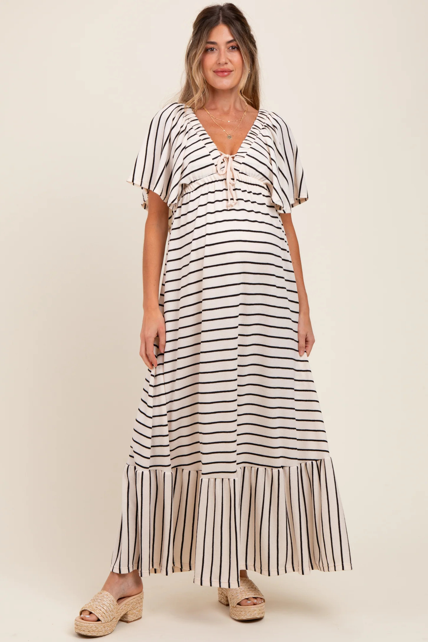 Cream/ Black Stripe Knit Flutter Sleeve V-Neck Tiered Maternity Maxi Dress | PinkBlush Maternity